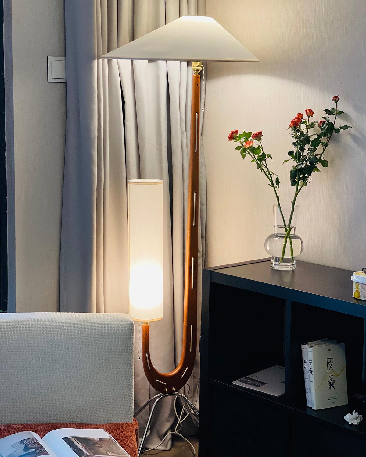 Modern Giraffe Torchiere Floor Lamp Walnut and Stainless Steel Standing Light with White Shade