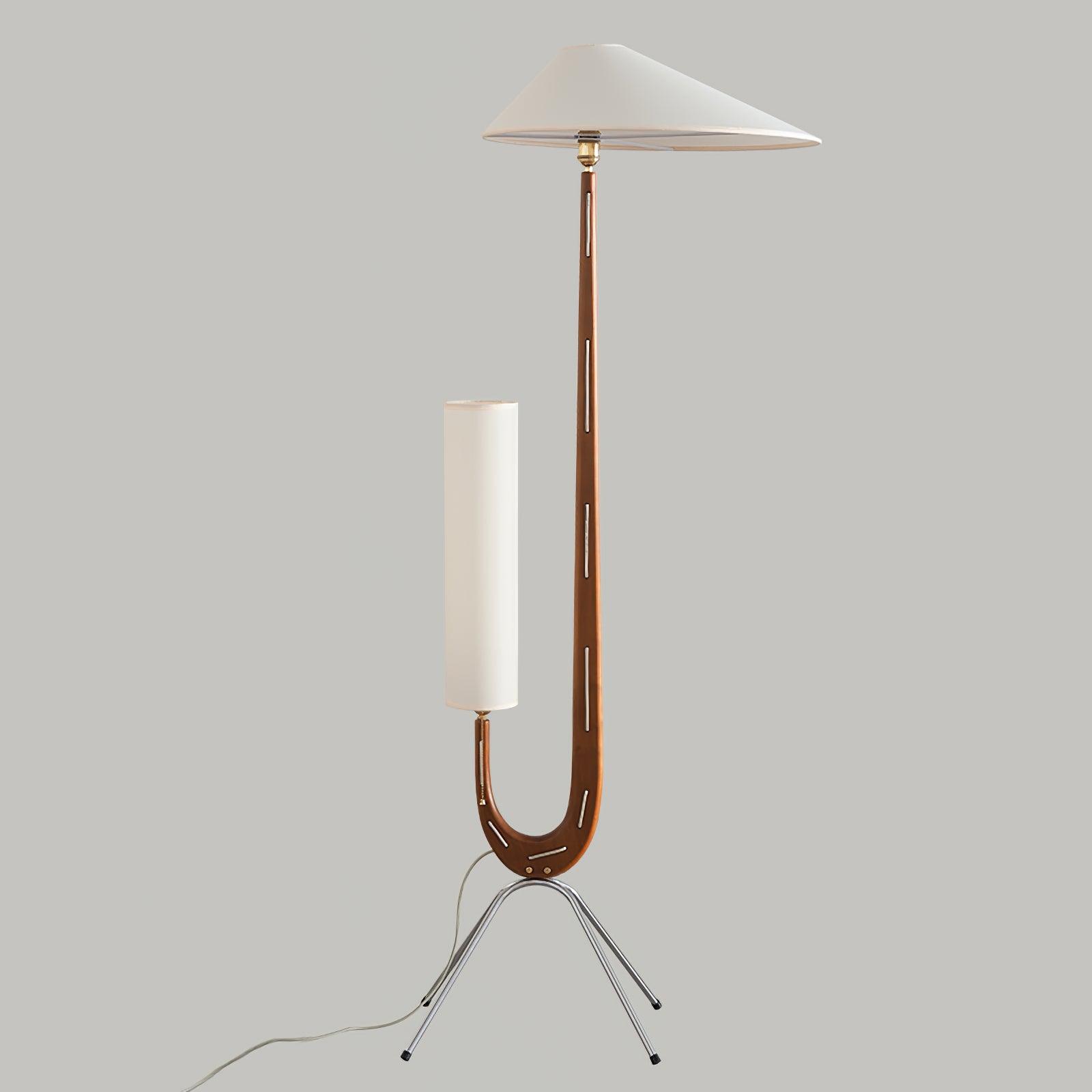 Modern Giraffe Torchiere Floor Lamp Walnut and Stainless Steel Standing Light with White Shade