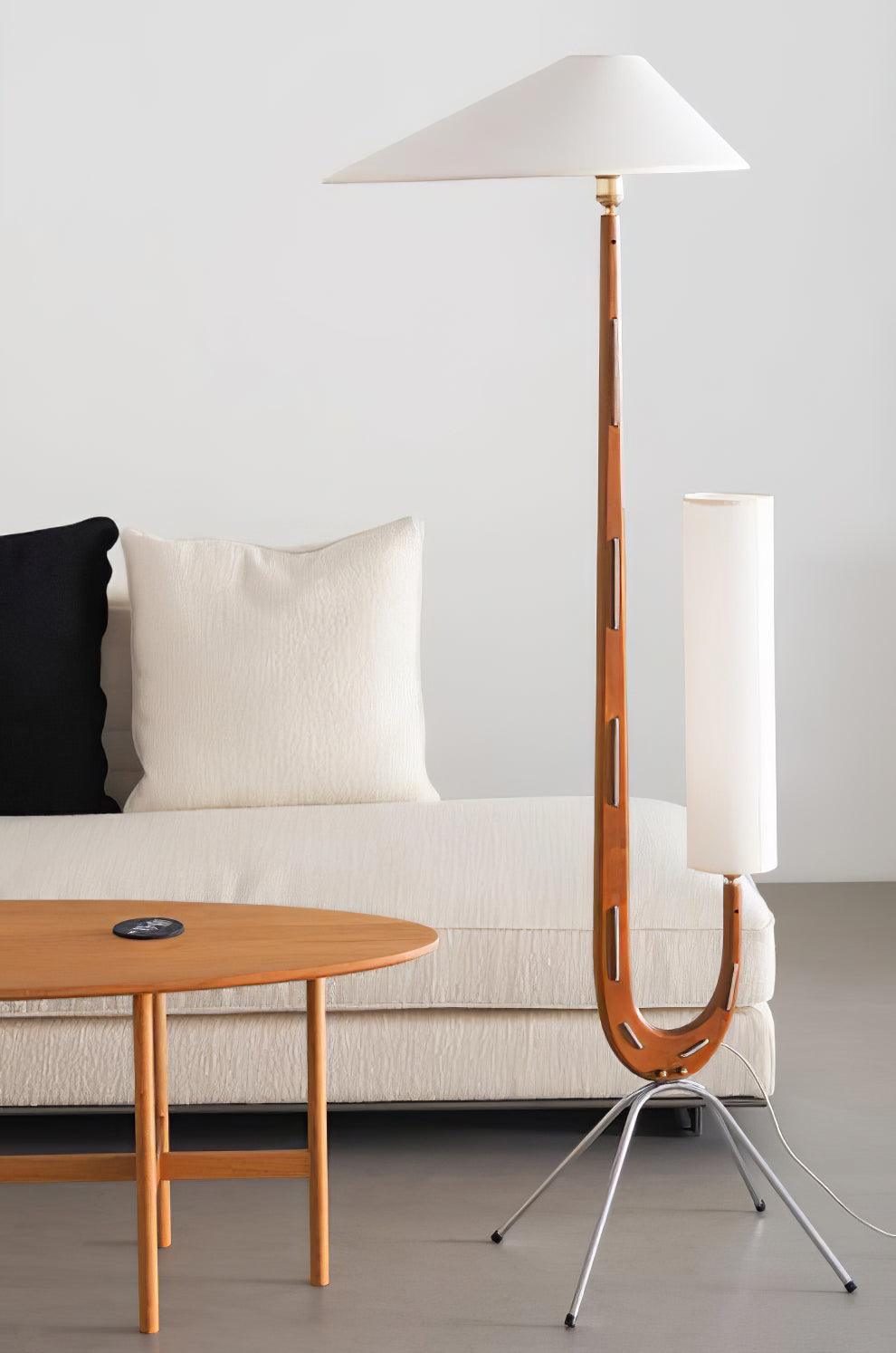 Modern Giraffe Torchiere Floor Lamp Walnut and Stainless Steel Standing Light with White Shade