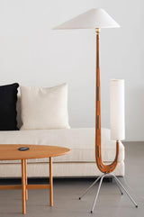 Modern Giraffe Torchiere Floor Lamp Walnut and Stainless Steel Standing Light with White Shade