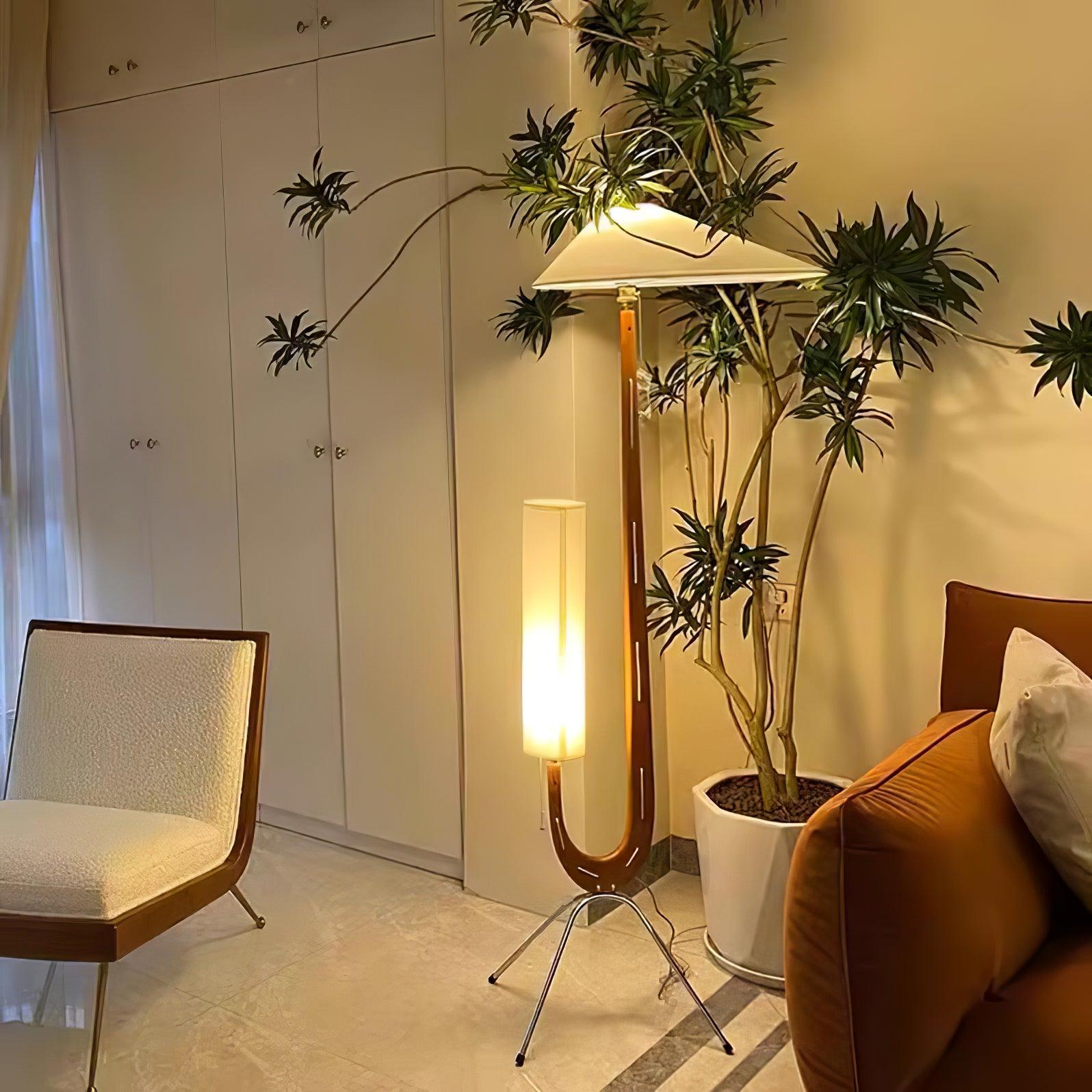 Modern Giraffe Torchiere Floor Lamp Walnut and Stainless Steel Standing Light with White Shade