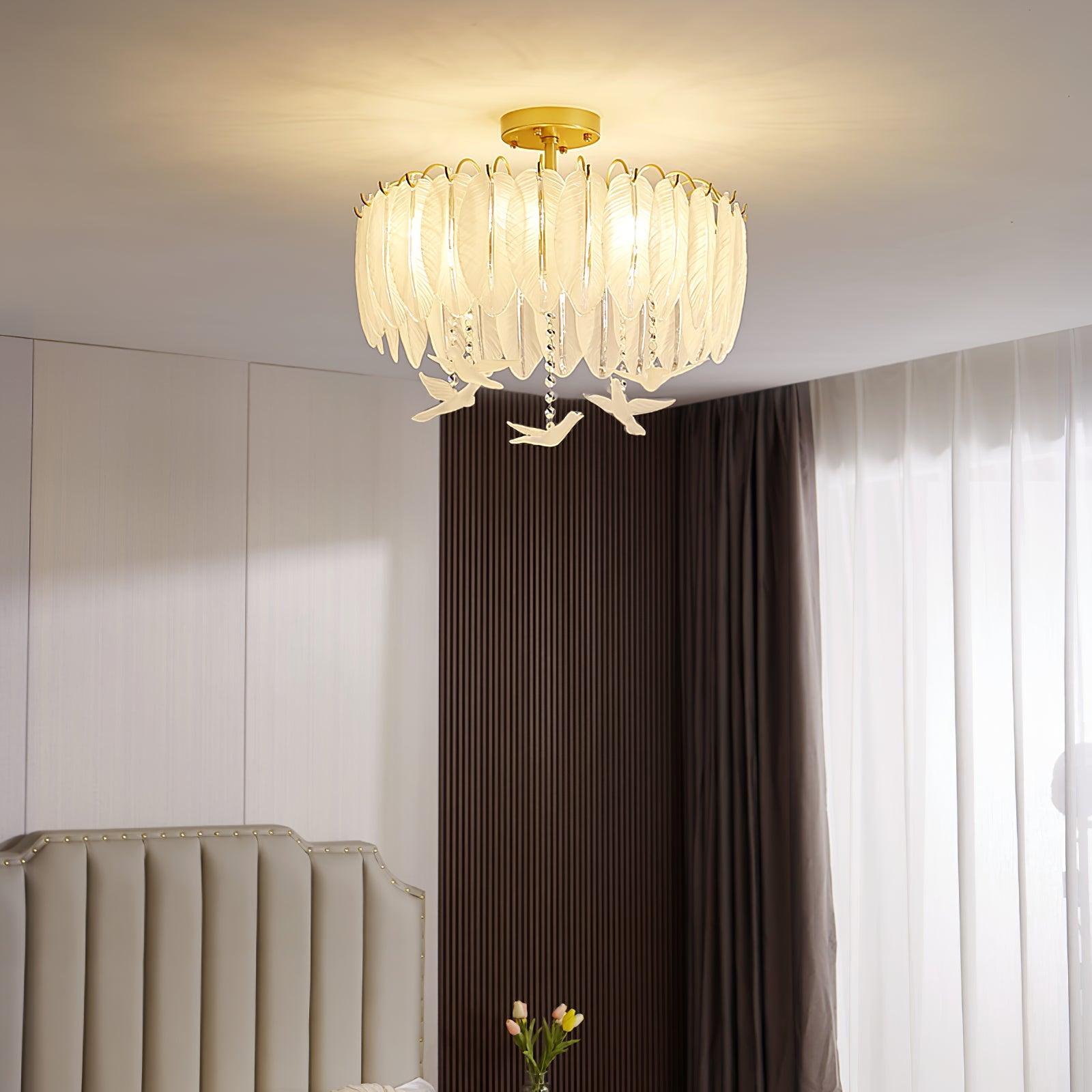 Modern Opaque Glass Feather Flush Mount Ceiling Light with Copper Plated Frame