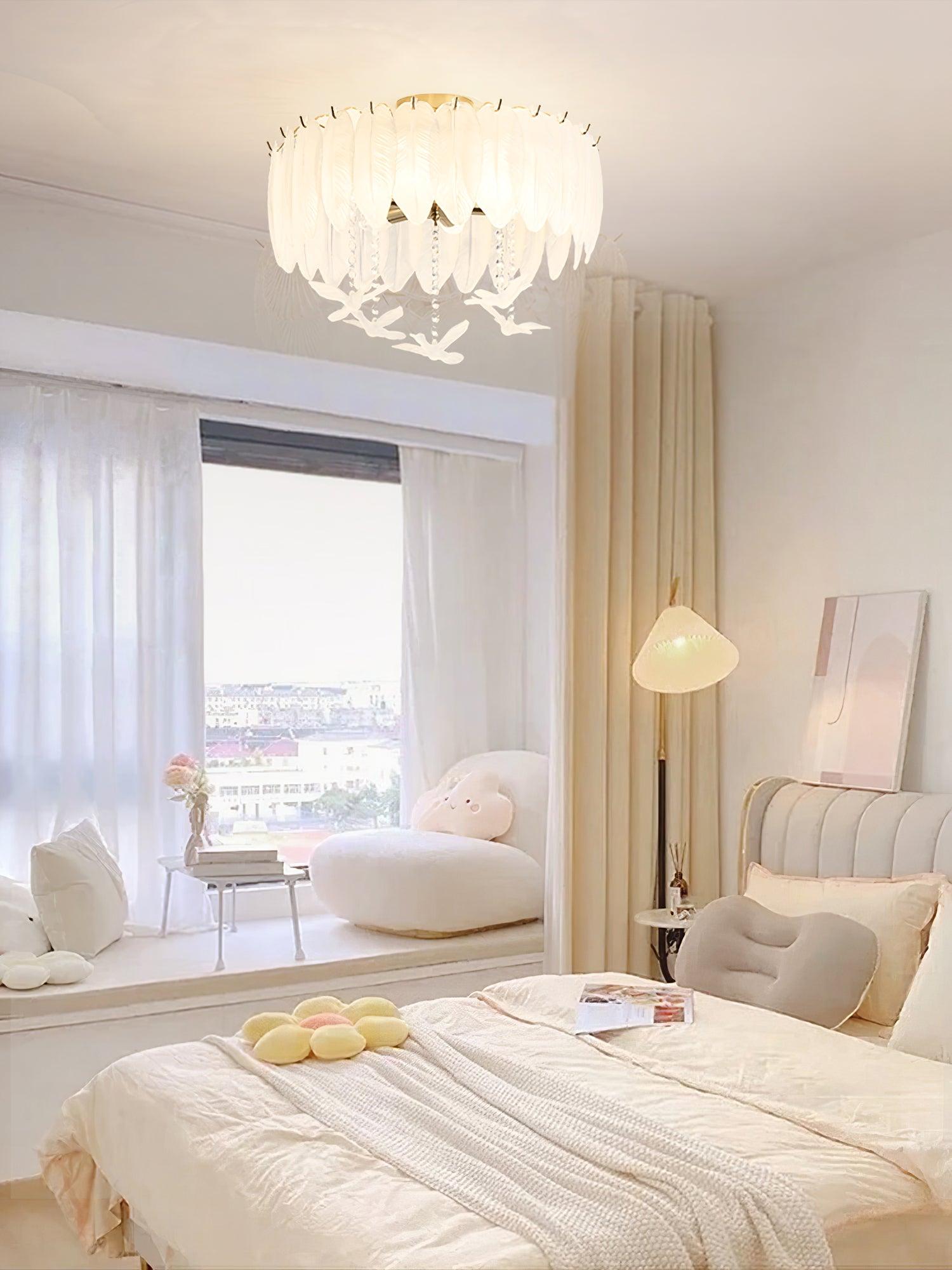 Modern Opaque Glass Feather Flush Mount Ceiling Light with Copper Plated Frame
