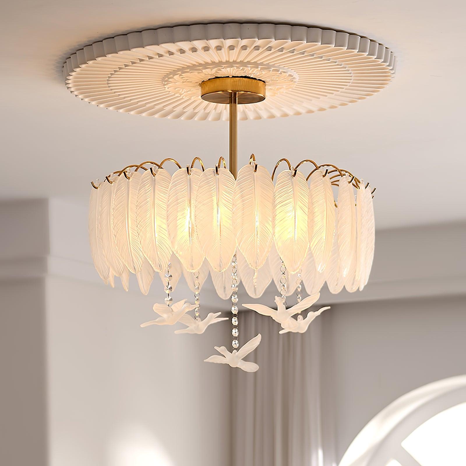 Modern Opaque Glass Feather Flush Mount Ceiling Light with Copper Plated Frame