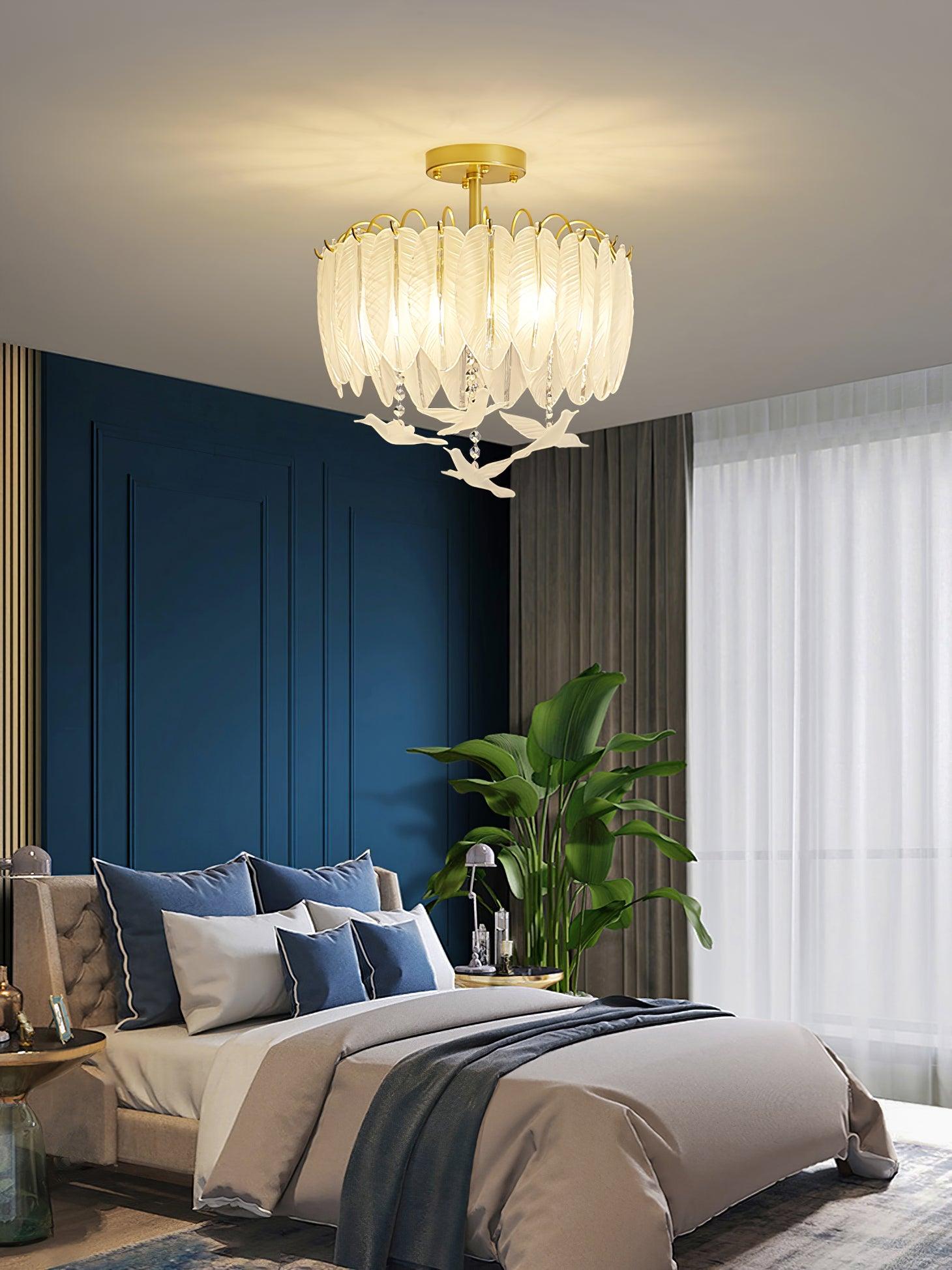 Modern Opaque Glass Feather Flush Mount Ceiling Light with Copper Plated Frame