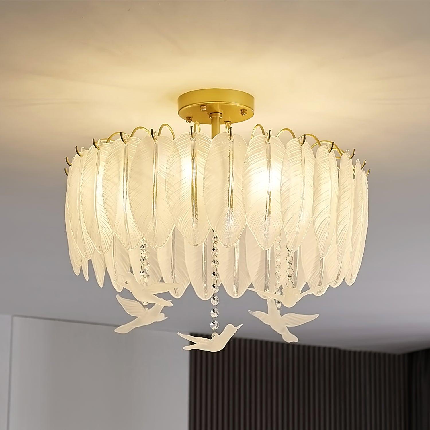 Modern Opaque Glass Feather Flush Mount Ceiling Light with Copper Plated Frame
