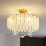 Modern Opaque Glass Feather Flush Mount Ceiling Light with Copper Plated Frame