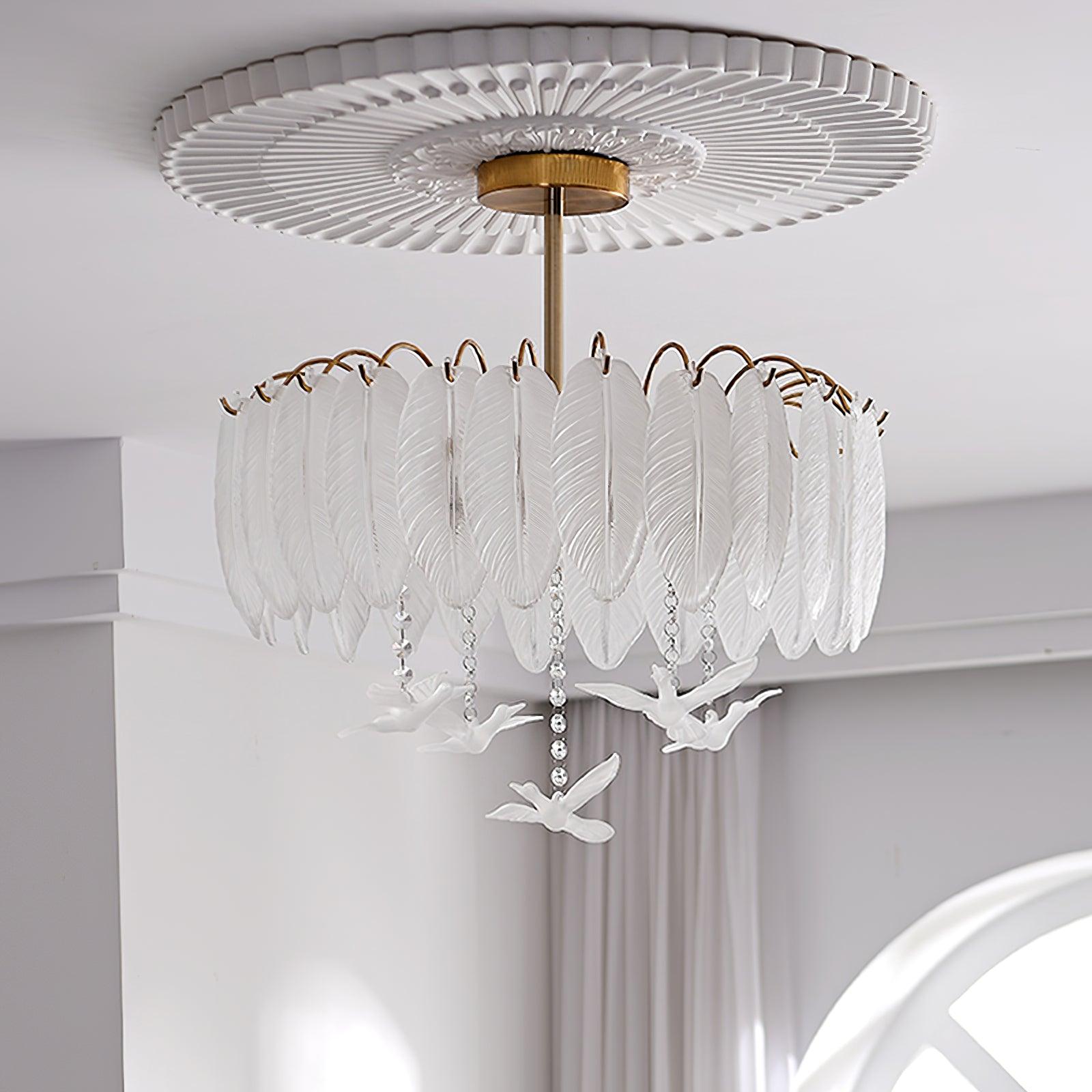 Modern Opaque Glass Feather Flush Mount Ceiling Light with Copper Plated Frame