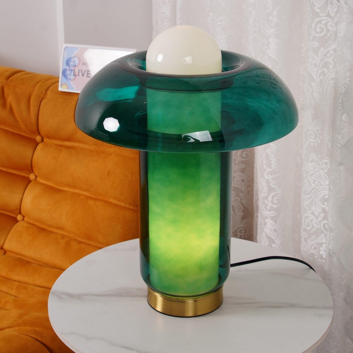 Green Glass Mushroom Table Lamp Mid Century Modern Bedside Nightstand Lighting for Living Room