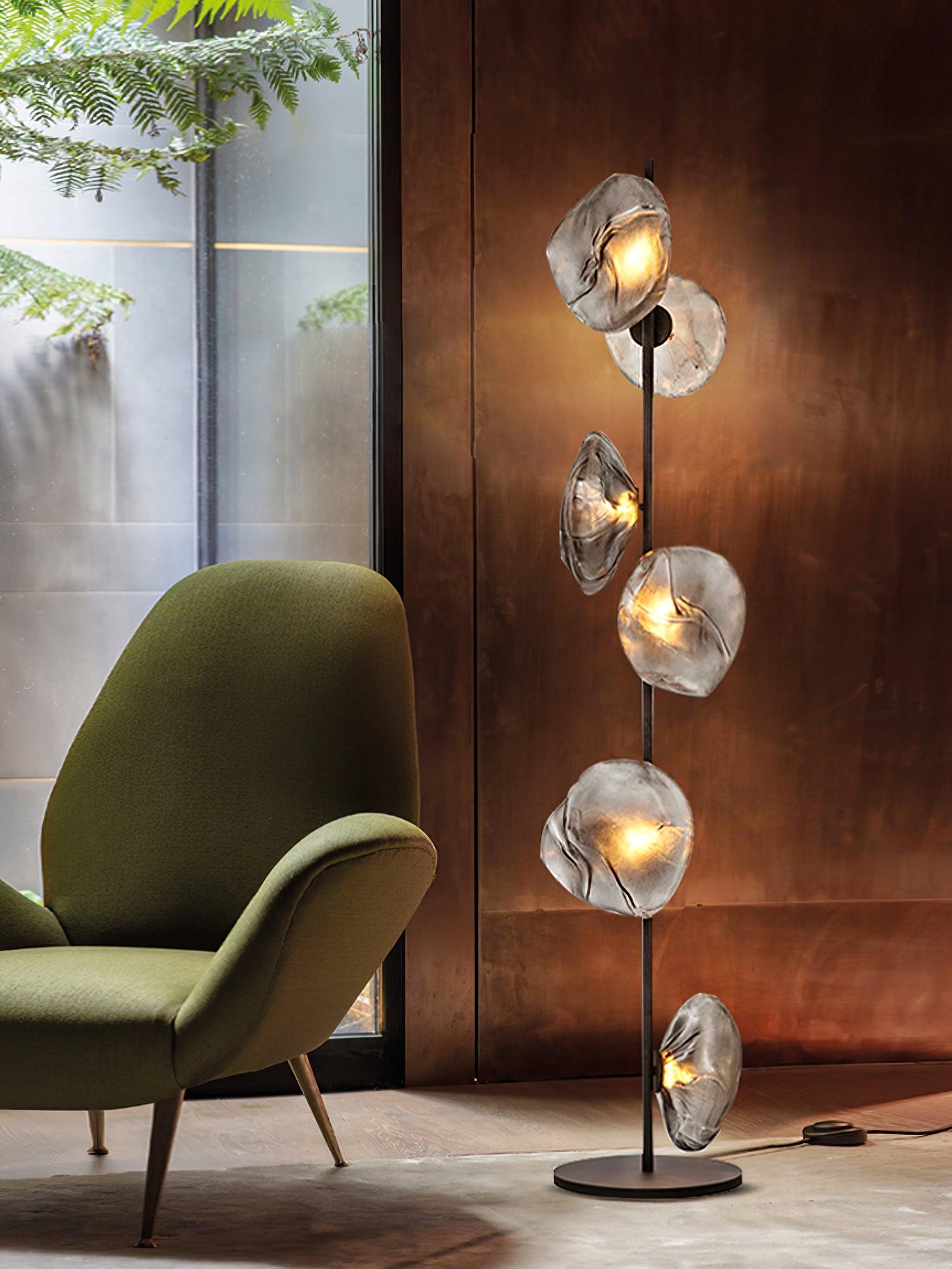 Elegant Handcrafted Glass Petal Standing Floor Lamp with Modern Melt Lava Effect Shades