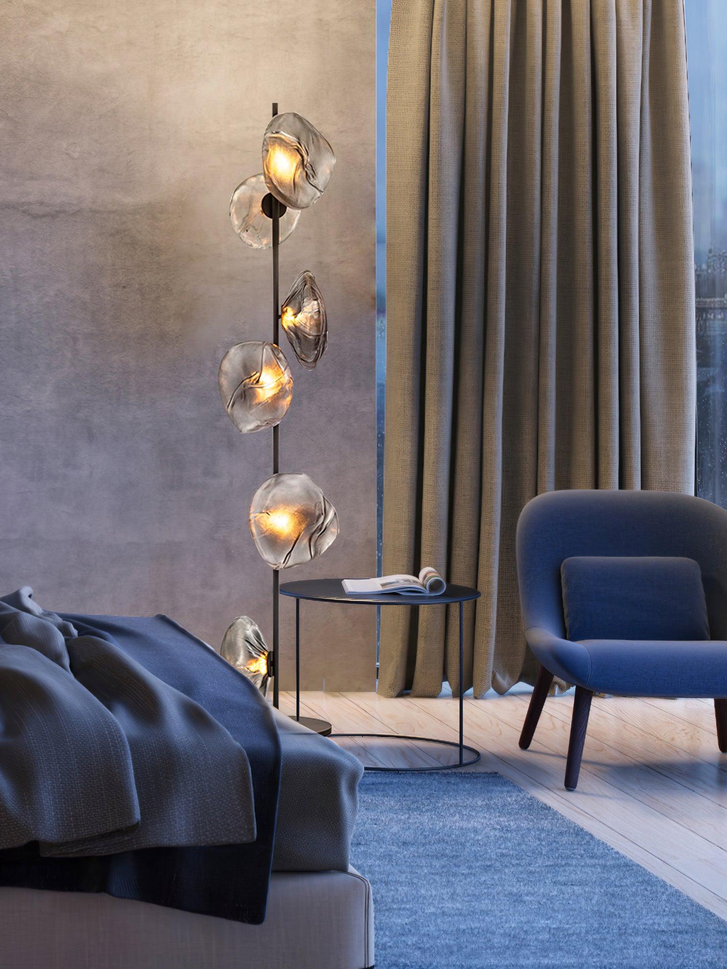 Elegant Handcrafted Glass Petal Standing Floor Lamp with Modern Melt Lava Effect Shades