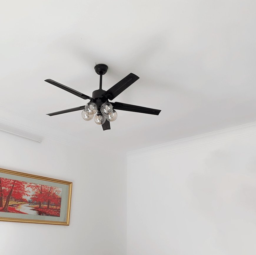 Vintage Industrial Black Ceiling Fan with Glass Globe Lighting and Three Speed Motor