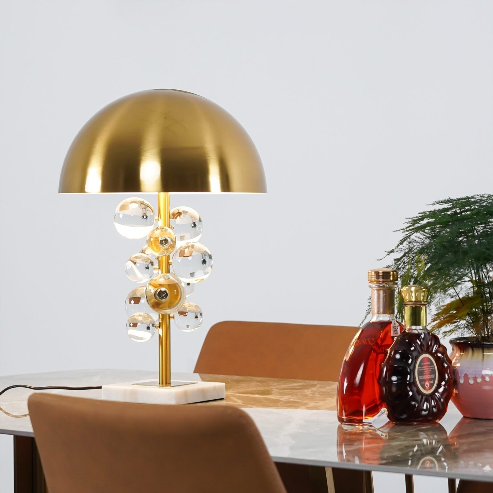 Modern Glass Sphere Table Lamp with Sculptural Marble Base and Brass Dome