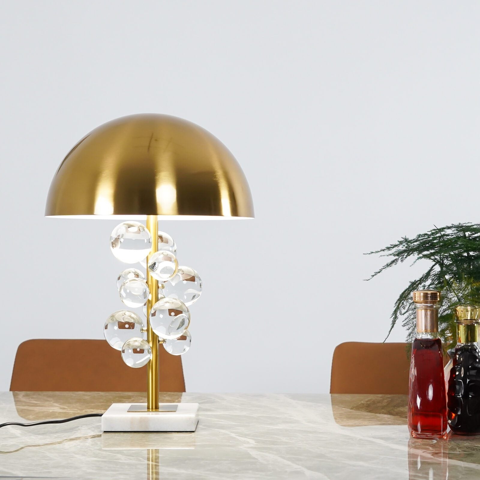 Modern Glass Sphere Table Lamp with Sculptural Marble Base and Brass Dome