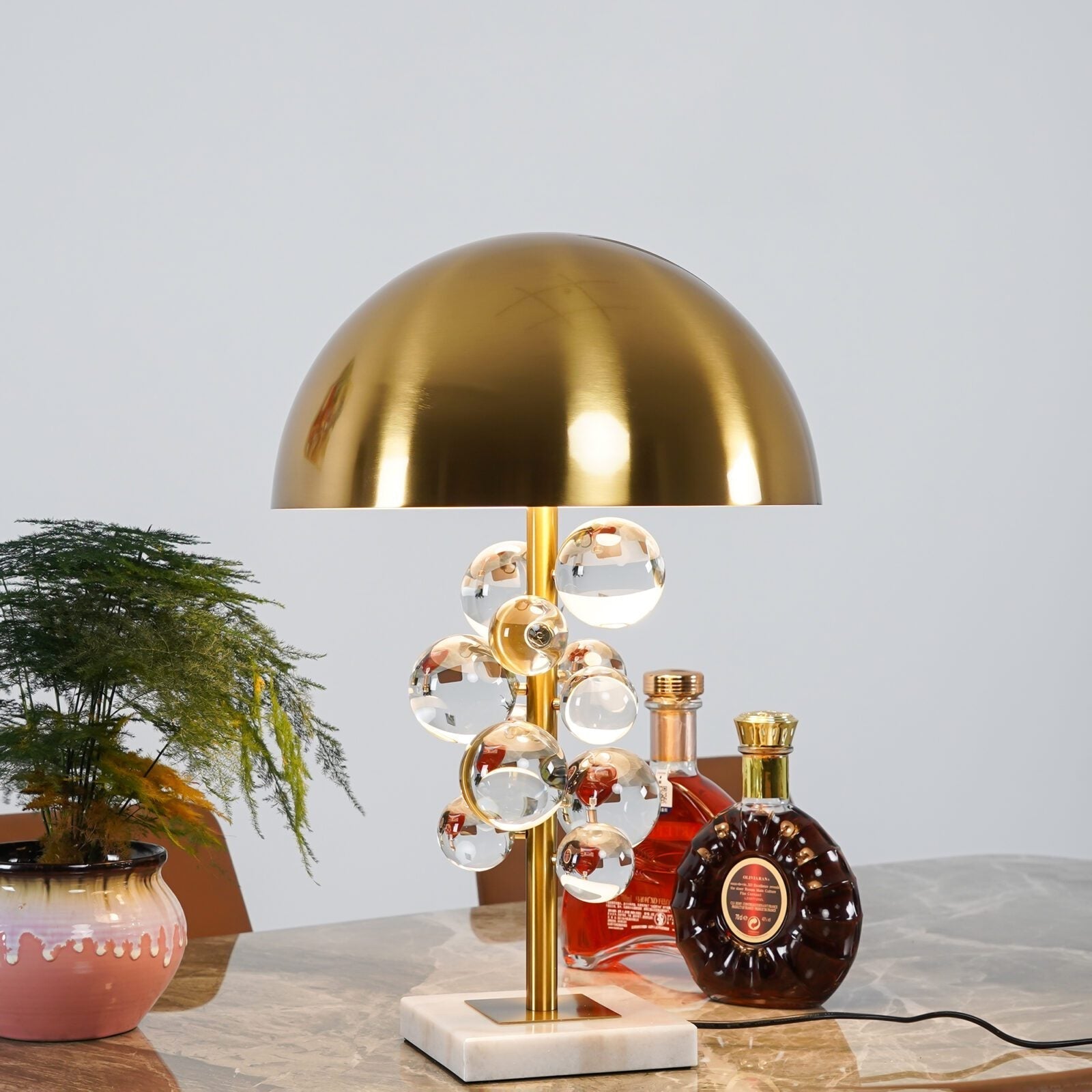 Modern Glass Sphere Table Lamp with Sculptural Marble Base and Brass Dome