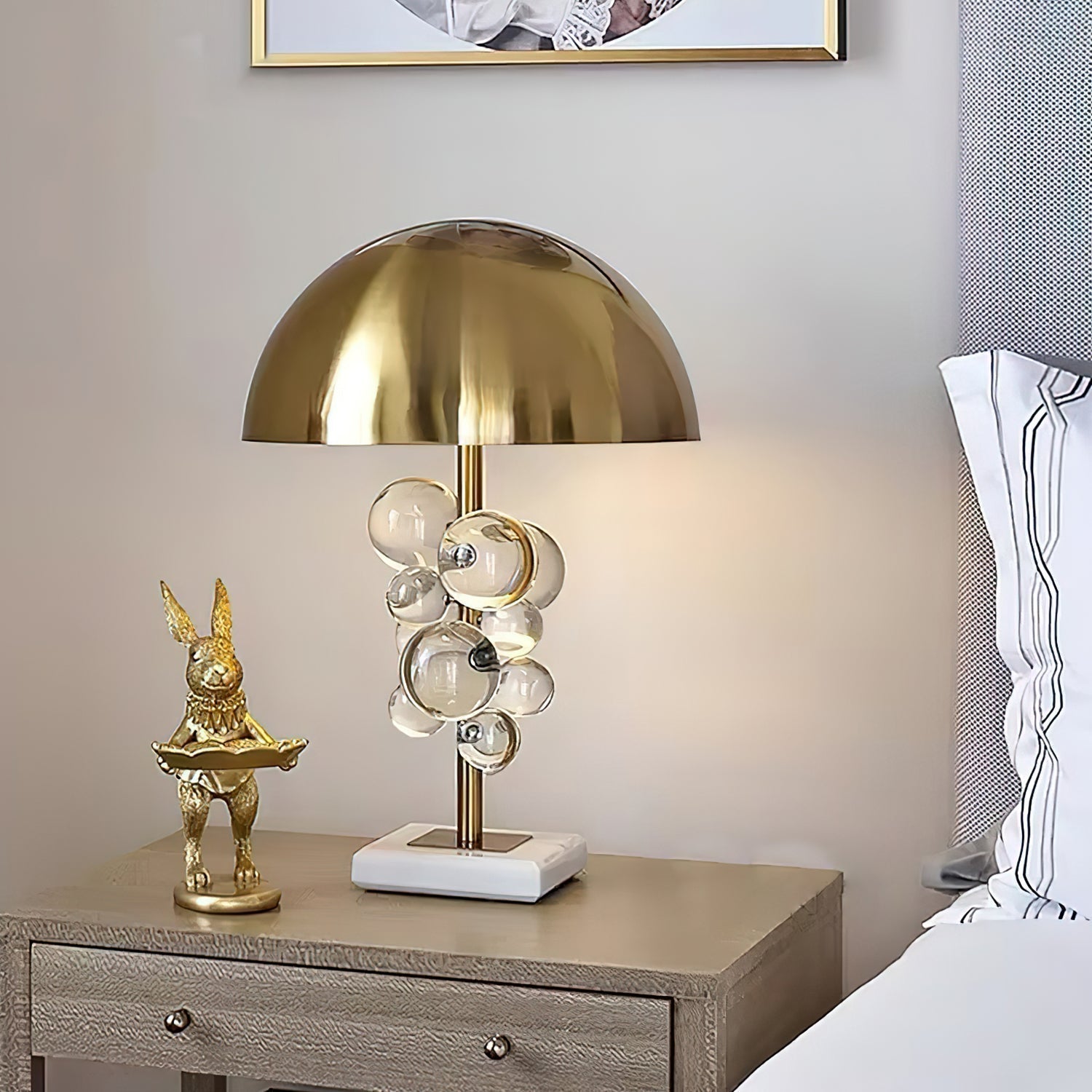 Modern Glass Sphere Table Lamp with Sculptural Marble Base and Brass Dome