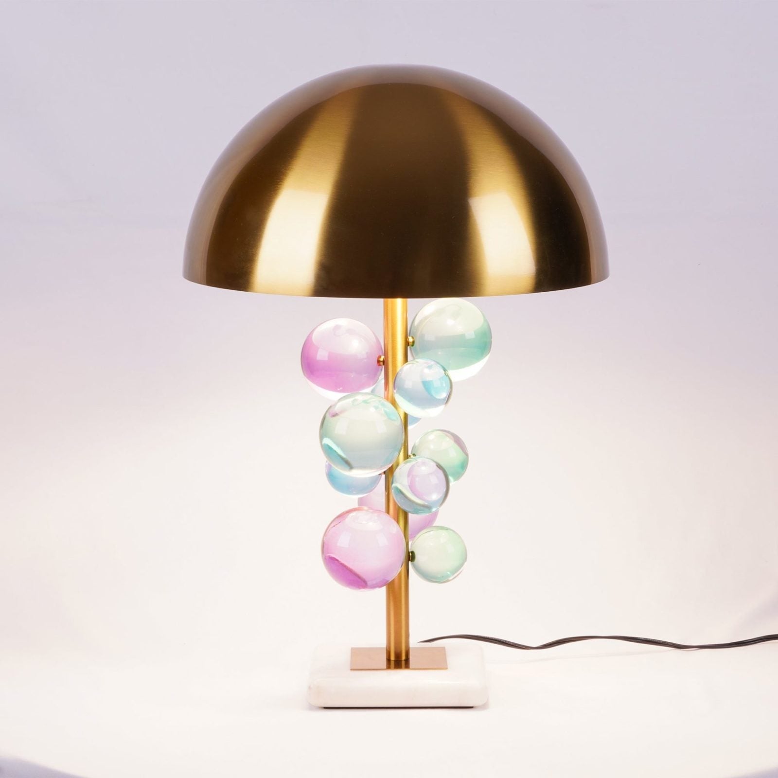 Modern Glass Sphere Table Lamp with Sculptural Marble Base and Brass Dome