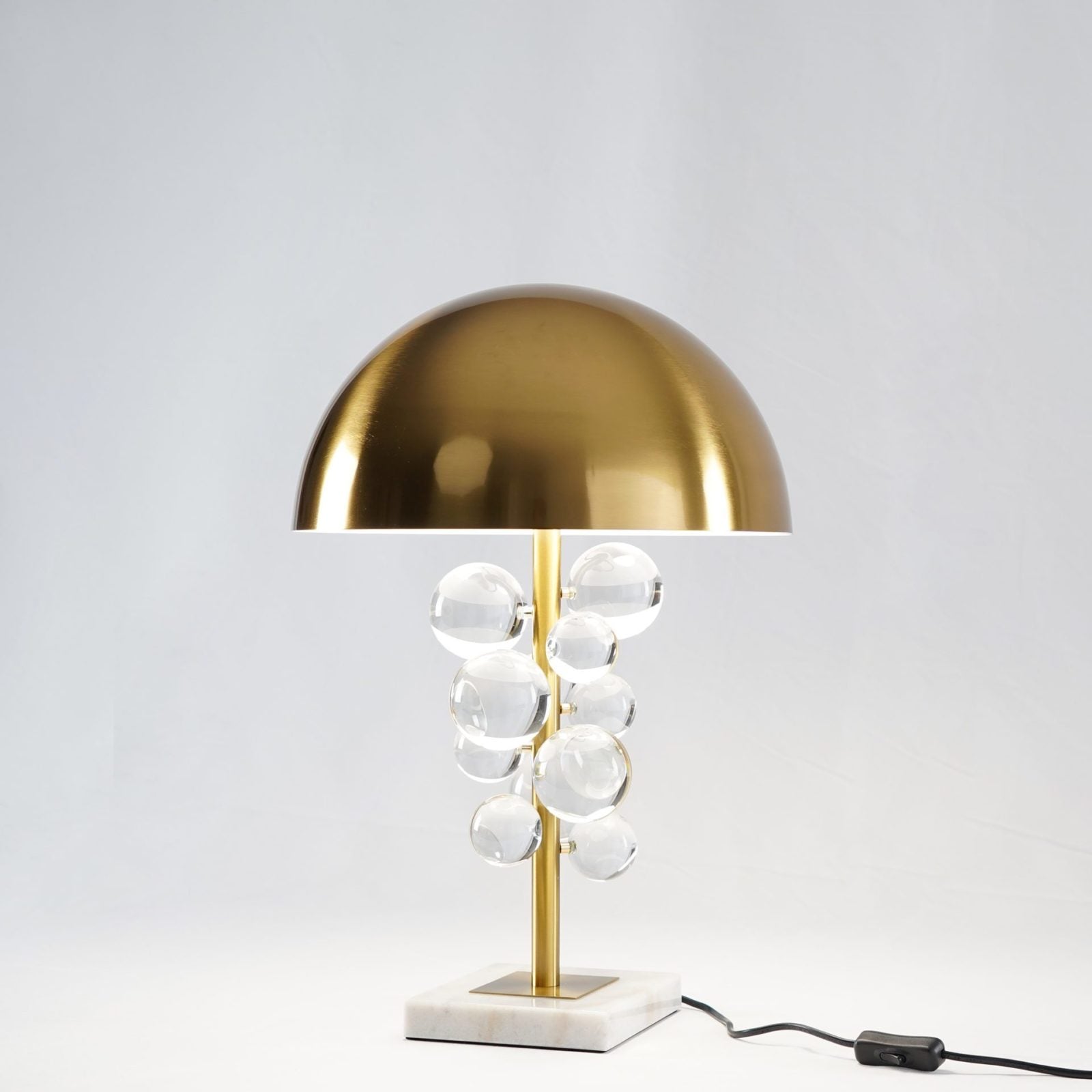 Modern Glass Sphere Table Lamp with Sculptural Marble Base and Brass Dome