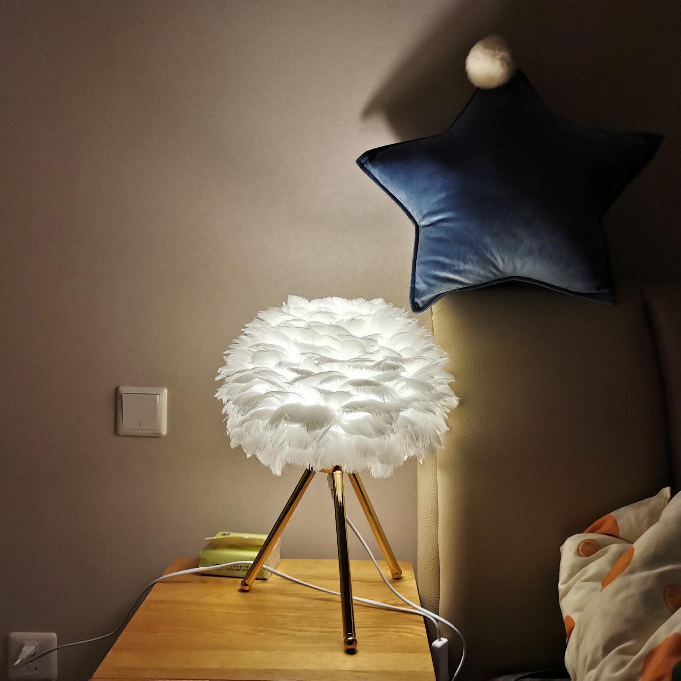 Romantic Goose Feather Desk Lamp with Metal Tripod Stand for Bedside and Accent Lighting