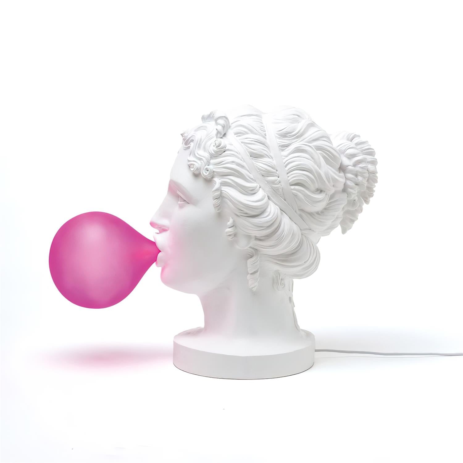 Modern Grace Portable Table Lamp with Pink Glass Globe and White Resin Bust Sculptural Base