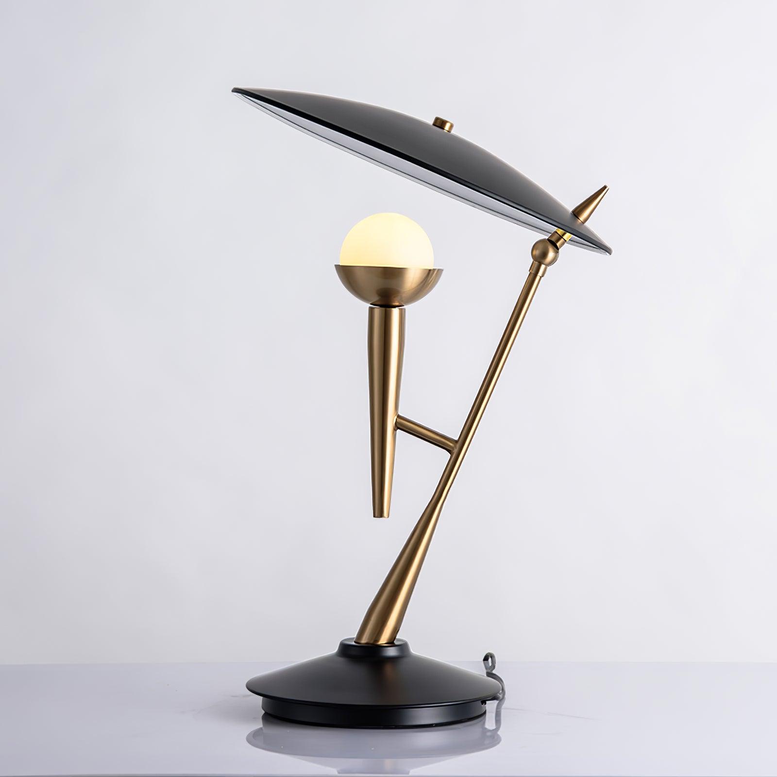 Vintage Gramophone Table Lamp Gold and Black Bedside Light with White Glass Shade