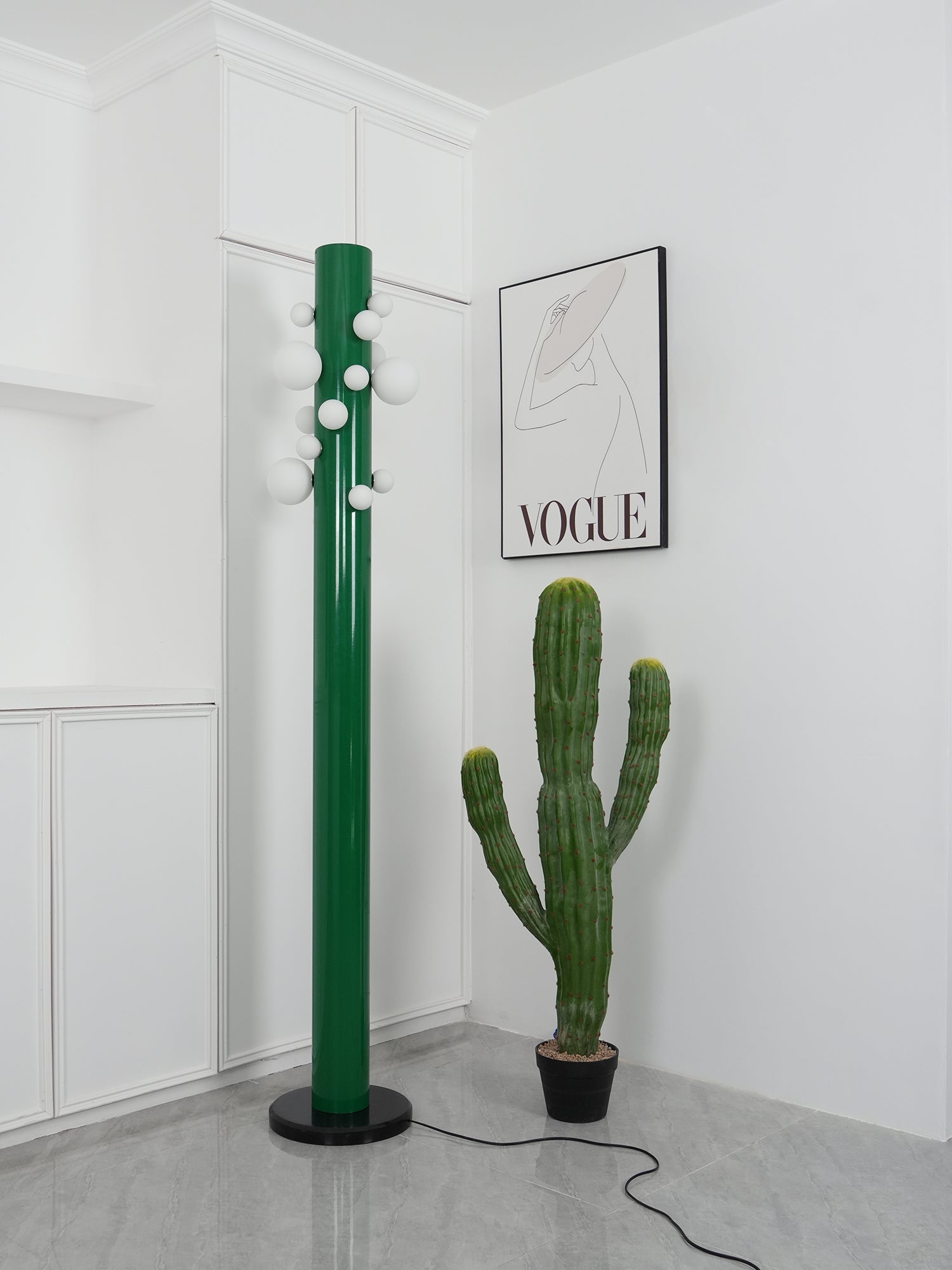 Modern Green Glass Ambient Floor Lamp with Marble Base and White Globe Shade