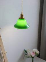 Green Glass Bell Pendant Light with Brass Hardware for Kitchen and Dining Room