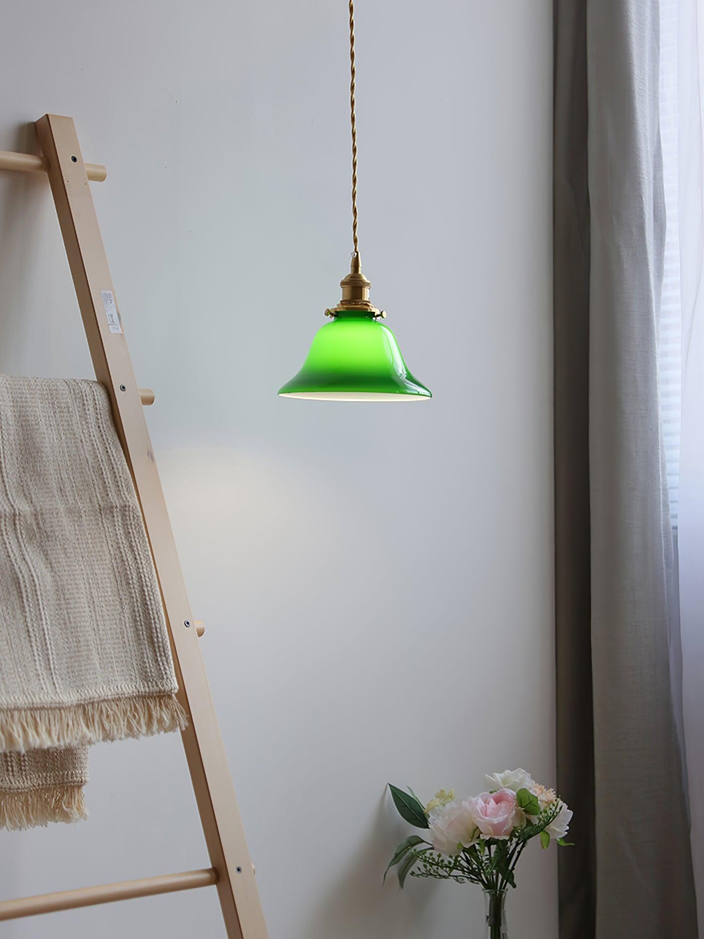Green Glass Bell Pendant Light with Brass Hardware for Kitchen and Dining Room
