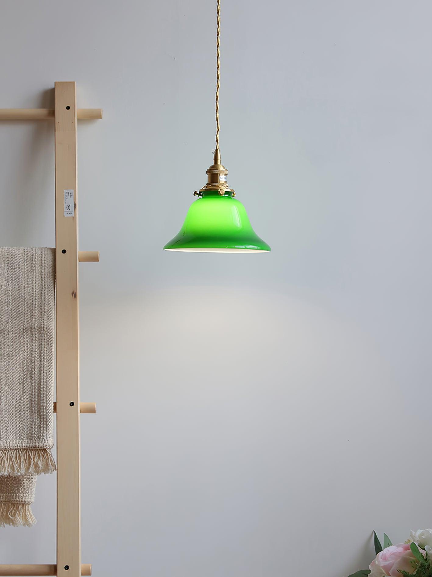 Green Glass Bell Pendant Light with Brass Hardware for Kitchen and Dining Room