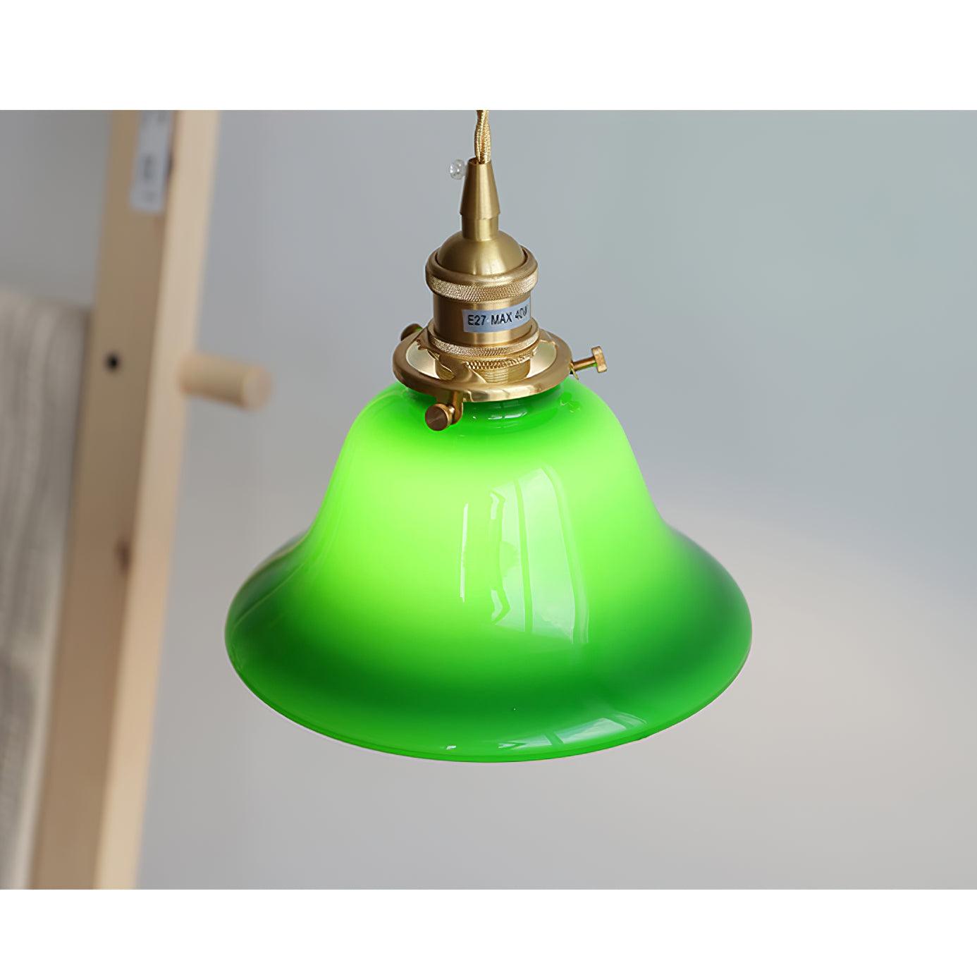 Green Glass Bell Pendant Light with Brass Hardware for Kitchen and Dining Room