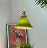 Green Glass Bell Pendant Light with Brass Hardware for Kitchen and Dining Room