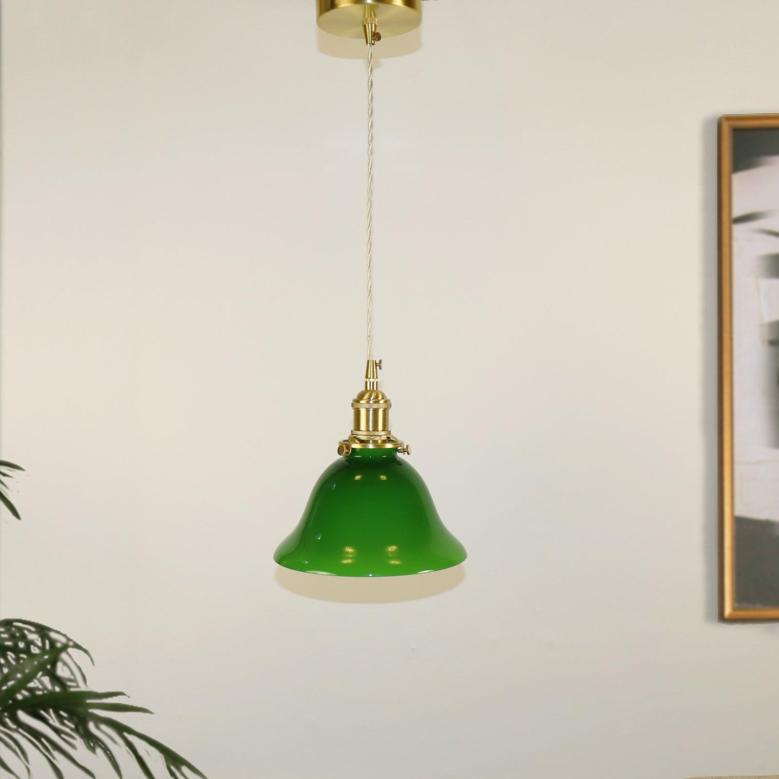 Green Glass Bell Pendant Light with Brass Hardware for Kitchen and Dining Room