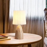 Gusnow Modern Yellow Travertine Table Lamp with Elegant Fabric Shade for Bedroom Bedside