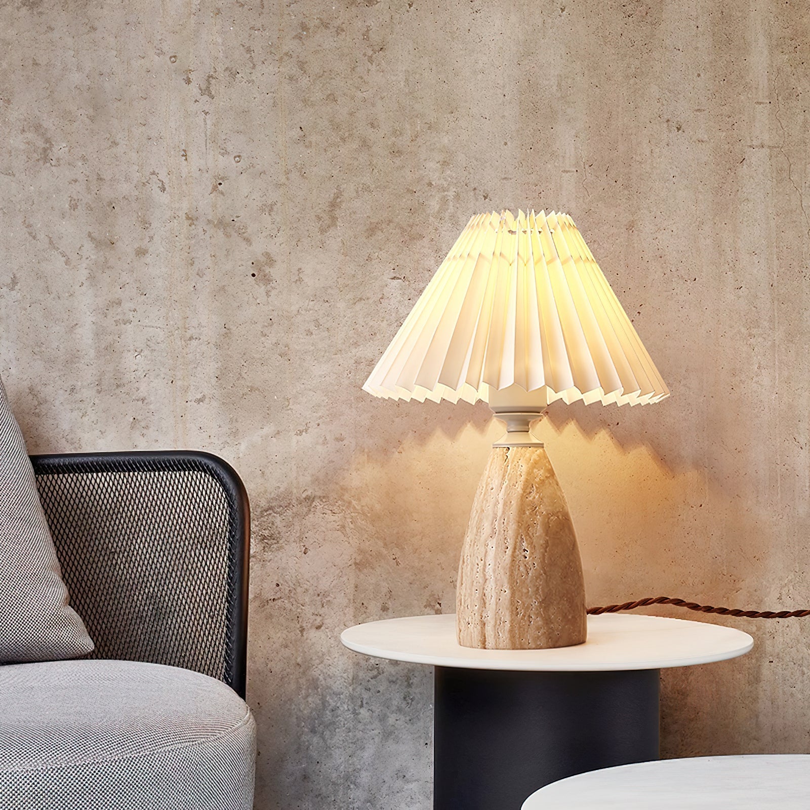 Gusnow Modern Yellow Travertine Table Lamp with Elegant Fabric Shade for Bedroom Bedside