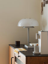 Modern Mushroom Style Glass Table Lamp Bedside Silver Metal and White Glass Lighting