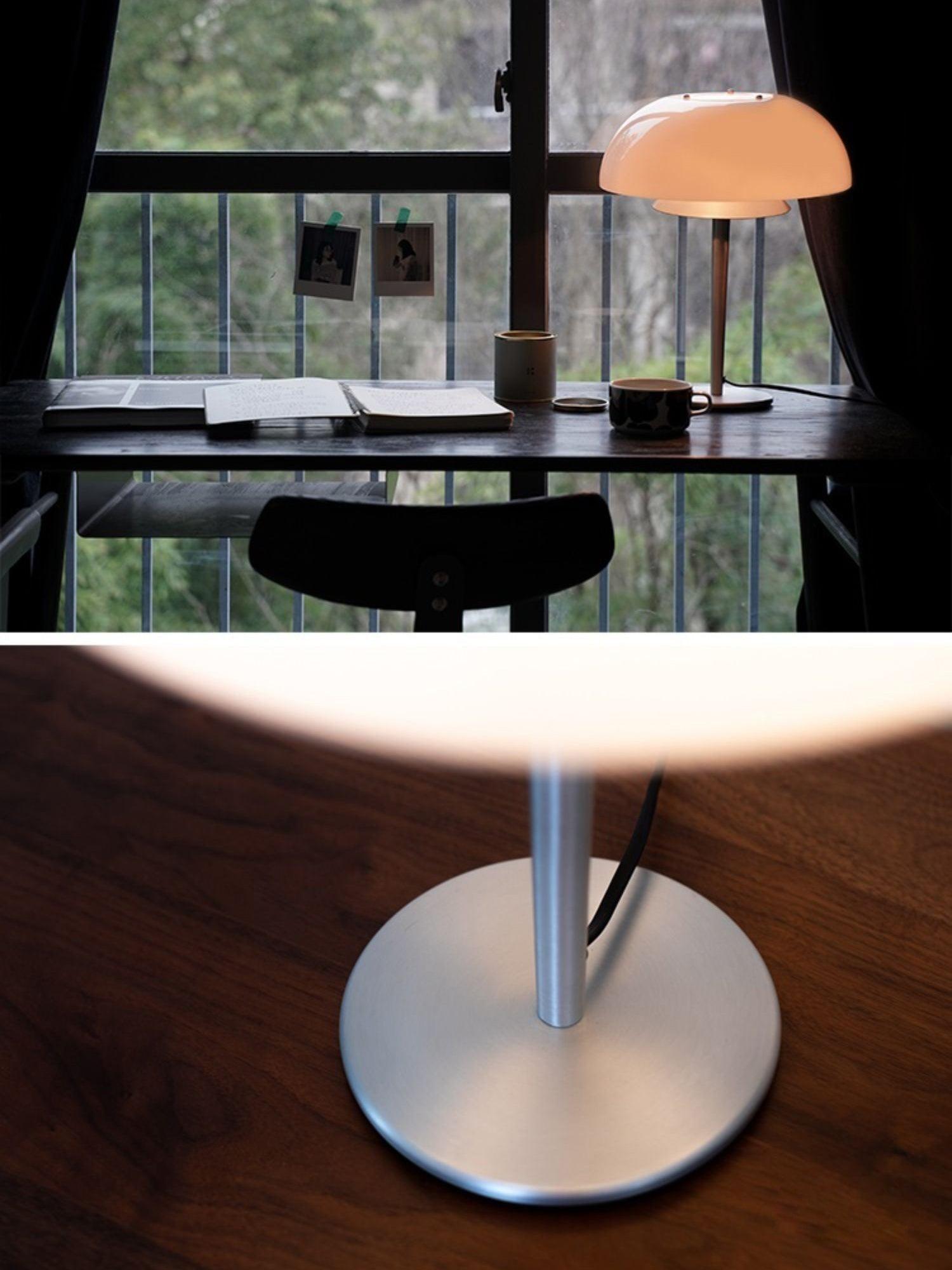 Modern Mushroom Style Glass Table Lamp Bedside Silver Metal and White Glass Lighting