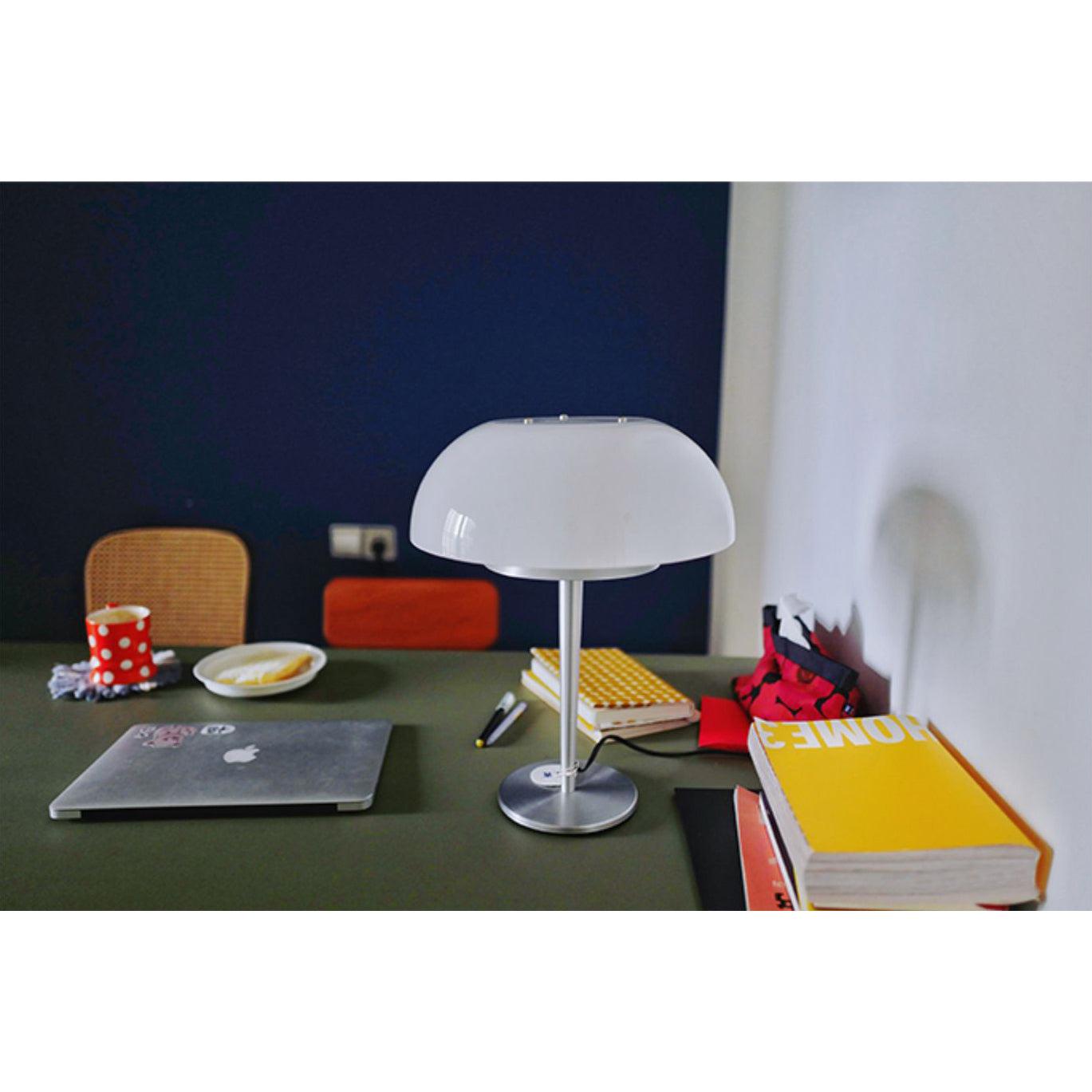 Modern Mushroom Style Glass Table Lamp Bedside Silver Metal and White Glass Lighting