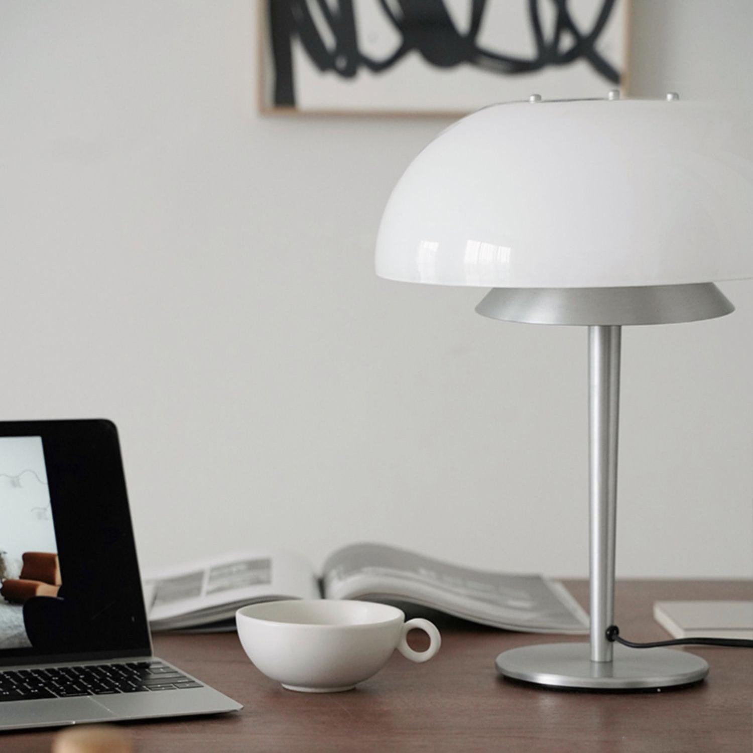 Modern Mushroom Style Glass Table Lamp Bedside Silver Metal and White Glass Lighting