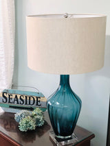 Modern Azure Blue Glass Table Lamp with Crystal Accents and Beige Linen Drum Shade