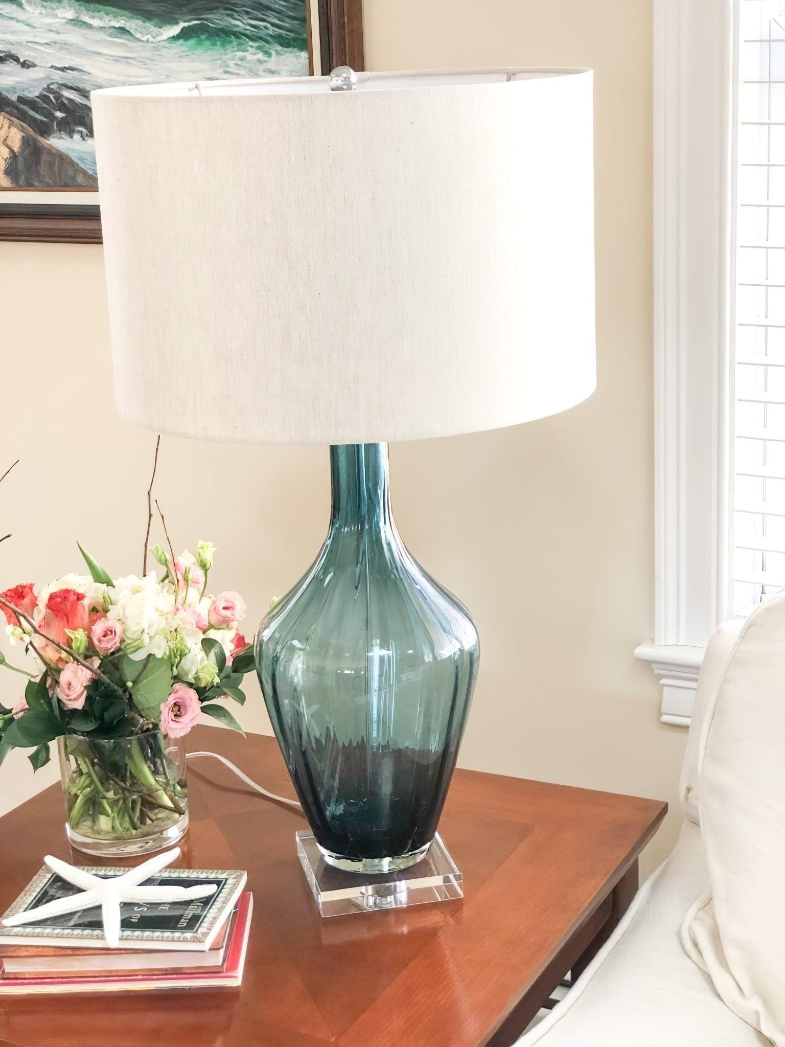 Modern Azure Blue Glass Table Lamp with Crystal Accents and Beige Linen Drum Shade