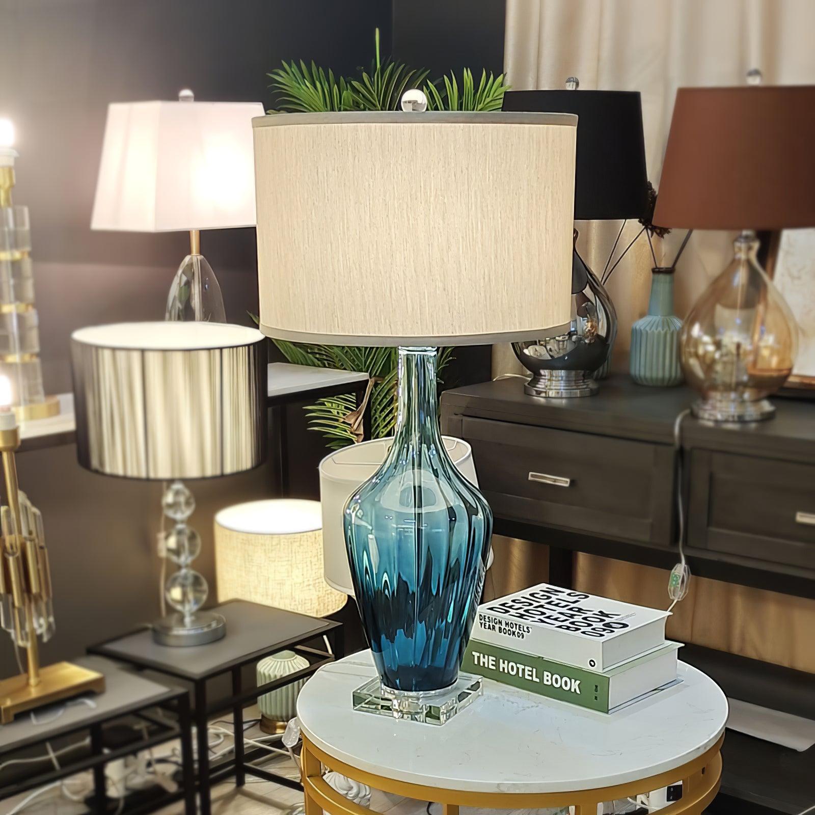 Modern Azure Blue Glass Table Lamp with Crystal Accents and Beige Linen Drum Shade