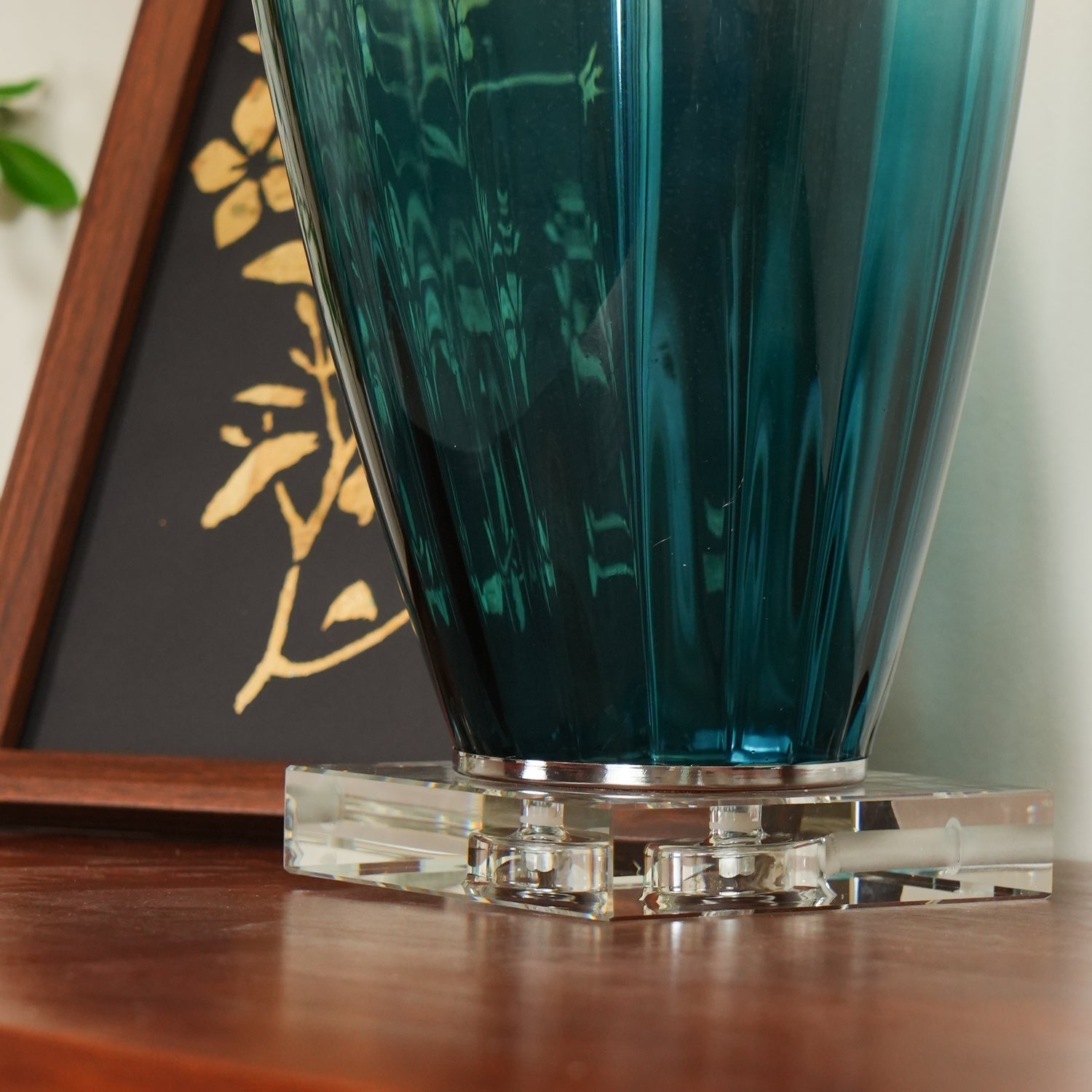Modern Azure Blue Glass Table Lamp with Crystal Accents and Beige Linen Drum Shade
