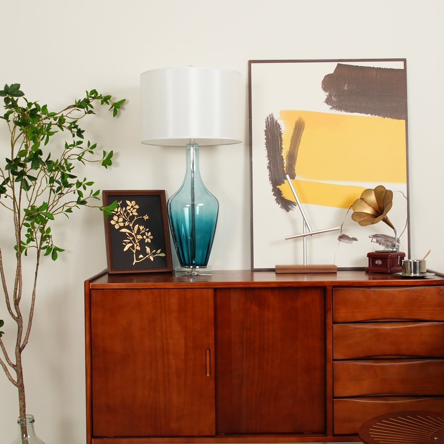 Modern Azure Blue Glass Table Lamp with Crystal Accents and Beige Linen Drum Shade