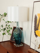 Modern Azure Blue Glass Table Lamp with Crystal Accents and Beige Linen Drum Shade