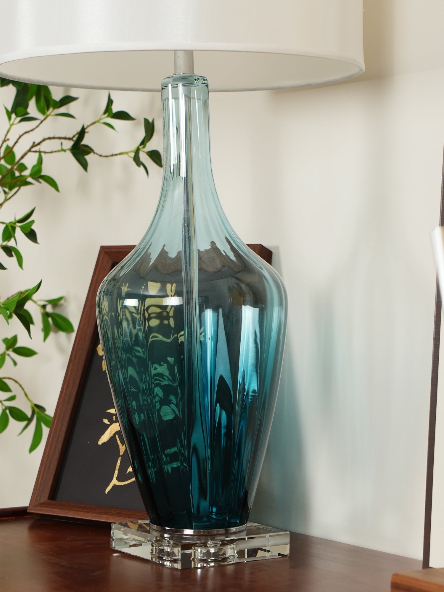 Modern Azure Blue Glass Table Lamp with Crystal Accents and Beige Linen Drum Shade