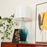 Modern Azure Blue Glass Table Lamp with Crystal Accents and Beige Linen Drum Shade