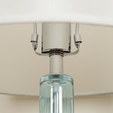 Modern Azure Blue Glass Table Lamp with Crystal Accents and Beige Linen Drum Shade