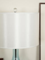 Modern Azure Blue Glass Table Lamp with Crystal Accents and Beige Linen Drum Shade