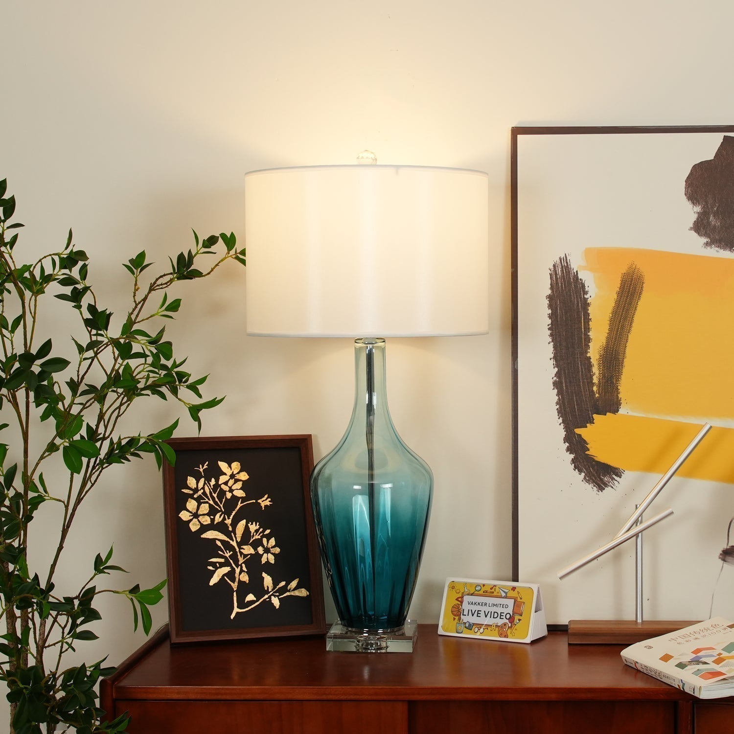 Modern Azure Blue Glass Table Lamp with Crystal Accents and Beige Linen Drum Shade
