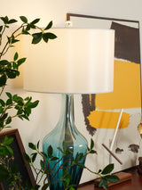 Modern Azure Blue Glass Table Lamp with Crystal Accents and Beige Linen Drum Shade